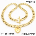 Gold stainless steel Cuban chain necklace with smooth heart pendant and OT toggle clasp - Gold Necklace (KN283171-Z)