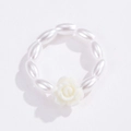 Bohemian style beaded flower ring with white rose resin charm and faux pearls - White Rose Faux Pearl