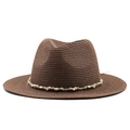 Dark brown straw fedora with ethnic beaded band for sun protection on beach trips - 56-58cm / Brown