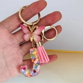 Detail of resin letter J keychain with pink butterfly, heart sequins and tassel - Butterfly Tassel 8-Shape Buckle / Letter J