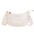 White crescent moon crossbody bag in faux leather with adjustable wide fabric strap - White