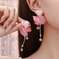 Pink petal flower earrings with iridescent heart charms and gold tassels - Pink Gauze Tassel Style (E852-8/Silver Needle Stud)