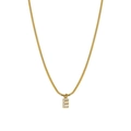 Gold-plated letter E pendant necklace with crystal accents on a flat snake chain - Letter E