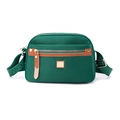 Women's green nylon crossbody bag with multi-zipper pockets and brown leather trim - Forest Green