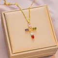 Golden titanium steel cross necklace with multi-colored oval gemstones and zircons - 6045 Cross Color Zircon / Gold Color Multicolored Zirconia