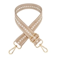 Detail of adjustable khaki nylon bag strap with white chevron patterns and gold buckles - Silver Clasp / Khaki