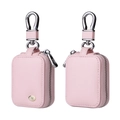 Detail view of pink leather protective case for AirPods with gold musical note emblem - Pink