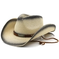 Vintage Western-Strohhut mit Lederband und verstellbarer Windkordel im Freien - Beige Schwarz Farbverlauf