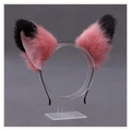 Pink and black plush faux fur cat ears headband displayed on a transparent acrylic stand - One Size / Folded Fox Ears - Watermelon Red