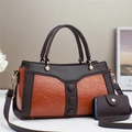 Detailed shot of brown faux leather handbag with matching coin purse and gold hardware - Khaki/Earth Yellow