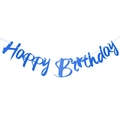Blue script Happy Birthday banner for party decorations on a plain white background - Mirror Finish No Age / Sapphire Blue