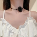 Macro shot of black lace flower choker with delicate crystals on double layered necklace - 7# Black Flower
