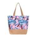Pink tropical leaf print tote bag with natural linen trim and twin handles - Red Blue Small Leaf