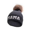 Dark grey knitted beanie with brown faux fur pom pom and white MAMA letter embroidery - Kids (2-6Y) / MAMA Style / Black and Gray