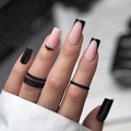 Pink and black long square press-on nails with French tips and sparkling rhinestones - Bz1463 Bright Eyes / Jelly Glue + Nail File