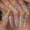 Handmade almond press-on nails with 3D flowers, pearls, and colorful gradient art - K048【24pcs】 / Boxed (jelly Gel + Granules)
