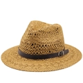 Classic hand-woven straw jazz hat with breathable hollow pattern and leather belt trim - M(56-58cm) / Khaki