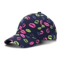 Detailed view of navy blue cotton baseball cap with vibrant colorful lip print patterns - Navy Blue