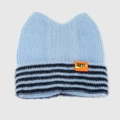Détail du bonnet oreilles de chat bleu clair avec revers rayé et écusson orange Sweet - Taille unique / Bleu ciel