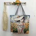 Artistic canvas tote bag featuring sunflower girl illustration and striped strap - Girl with Hat