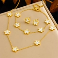 Three-piece stainless steel jewelry set with golden chain and white five-petal flower charms - MOP Five-Petal Flower Style (N3089 B1493)