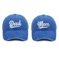 Detail of Mom and Dad cursive embroidery on two washed cotton baseball caps in denim blue - One Size / Dark Blue
