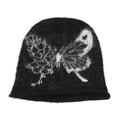 Damen Übergröße Strickmütze in Schwarz mit weißem Schmetterlingsmuster und Mohair-Gefühl - M (56-58cm) / Schwarz