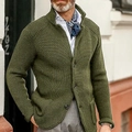 Men's army green waffle knit cardigan sweater featuring a stand collar and button closure - S / Army Green