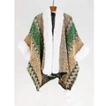 Ethnic knit poncho cloak with brown wave pattern, faux rabbit fur collar and white pompoms - Green