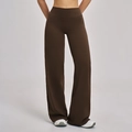 Women's high-waisted wide-leg yoga pants in dark brown brushed fabric with flared cut - Black Coffee