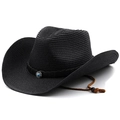 Close-up of black straw cowboy hat featuring turquoise stone buckle and brown wind cord - M(56-58cm) / Black