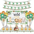Wild One Jungle Animals Birthday Party Set with Banner, Balloons, and Backdrop - 6-Piece Main Set