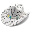 White cowboy hat with artistic bird patterns and colorful beaded bohemian hatband - White - Flat Top