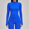 Slim fit dark blue yoga jacket with thumbholes and high-neck zipper for women - Dazzling Blue