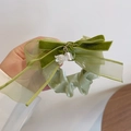 Green satin lily of the valley bow hair scrunchie with velvet ribbon details - FQ1005B Mint Green