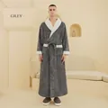 Men's double-layer long grey flannel bathrobe with white faux fur trim and belt - M / Grey [Men]
