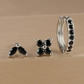 Macro shot of S925 sterling silver ear set featuring black zircon flower and leaf studs - Silver-Black (3 Pcs Set)