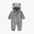 Combinaison bébé en peluche gris clair avec capuche à oreilles et fermeture éclair - Gris