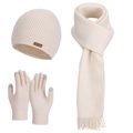 Winter knit set featuring a ribbed beanie, tassel scarf, and touchscreen gloves in beige - Beige (3-Piece Set)