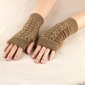 Detailed knit texture of tan fingerless wool gloves worn on hands for winter warmth - One Size / Khaki