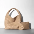 Beige woven hobo bucket bag set with matching smooth inner pouch and wide handle - Apricot