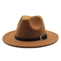 Detailed side view of a brown wool fedora with a black leather band and gold buckle - Light Coffee