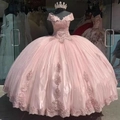 Pink off-the-shoulder Quinceanera ball gown with exquisite lace appliques and tulle skirt - 3XL / Pink