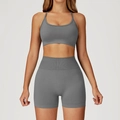Naadloze yogaset met sportbeha en geribbelde korte broek met hoge taille donkergrijs - L / Bh + Shorts - Vrijheidsgrijs