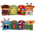 Detail view of felt busy board featuring a clock, zipper, and color matching puzzles - Orange Strap Deer Learning Board / 24*28