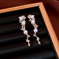 Vintage long tassel drop earrings with white pearls and sparkling marquise crystals - 43# Silver Earring Post - Gold - Faux Pearl Zircon - Elegant Long Dangle