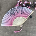 Japanese style folding fan in pink gradient with black floral patterns and bamboo ribs - No.64 Pink Gradient Black Floral