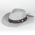 Detail of grey wool fedora with floral embroidery and bronze bull head accessory - Adjustable / Light Gray