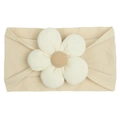 Detailed top view of a soft beige baby nylon headband featuring a large white 3D flower - Light Coffee