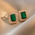 Elegant rectangle emerald green stud earrings with gold plating and white halo zircon - Silver Needle - Green Stud Earrings